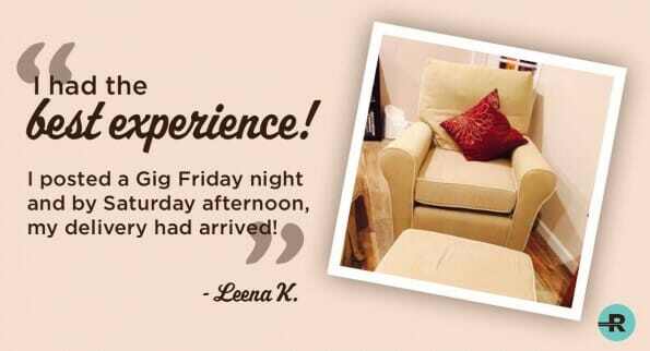 When Leena bought a new chair and ottoman for her nursery on Craigslist, she posted a Gig that night only to be delighted when it arrived at her doorstep the next day. Enjoy the nursery, Leena!
